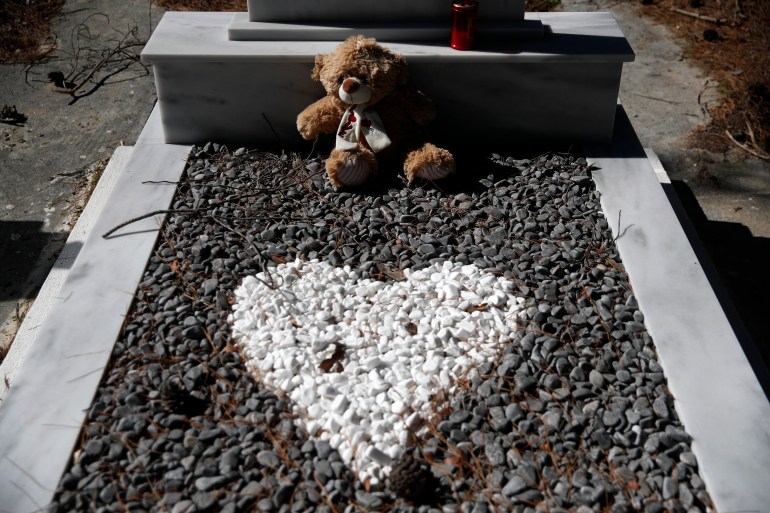 A cuddly toy is placed on the grave of a five-year-old boy from Afghanistan