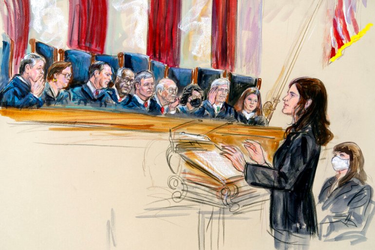 This artist sketch depicts Center for Reproductive Rights Litigation Director Julie Rikelman arguing before the Supreme Court om abortion rights.