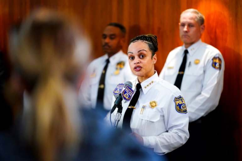 Philadelphia Police Commissioner Danielle Outlaw speaks with members of the media during a news conference in Philadelphia.