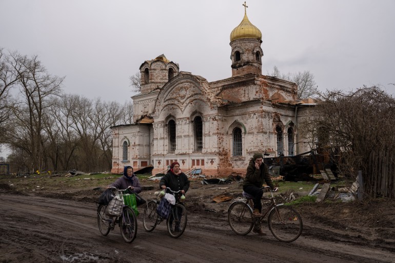 A damaged church is seen in Lukashivka, northern Ukraine