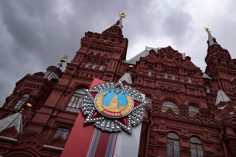 A view of the Historical Museum decorated with the Order of Victory, the highest military decoration awarded for World War II service in the Soviet Union as a part of decorations for the celebration of Victory Day in Moscow, Russia.