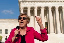 Senator Elizabeth Warren speaks during a protest outside the US Supreme Court