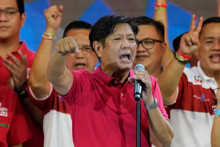 Ferdinand "Bongbong" Marcos Jr., the son of the late dictator, gestures as he greets the crowd during a campaign rally in Quezon City, Philippines on April 13, 2022.