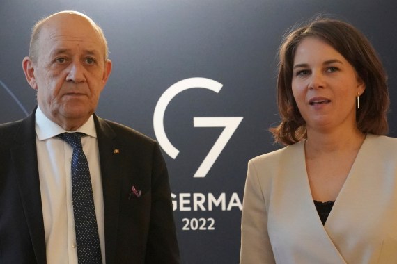 Annalena Baerbock, foreign minister of Germany, welcomes Jean-Yves Le Drian, foreign minister of France for talks