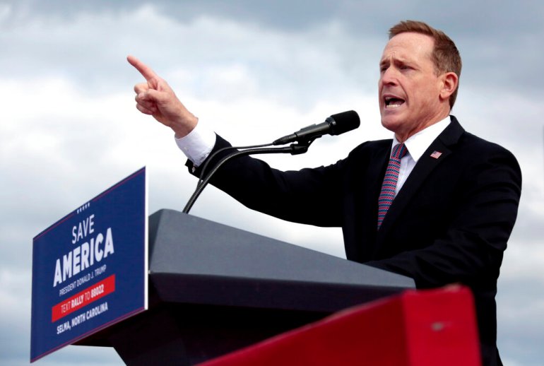 Republican candidate for U.S. Senate Ted Budd, of North Carolina, addresses the crowd before former President Donald Trump speaks at a rally in Selma, N.C.