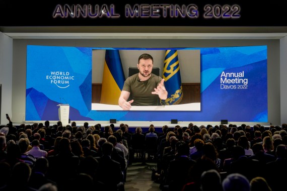 Ukrainian President Volodymyr Zelenskyy addresses the World Economic Forum gathering in Davos via video-link