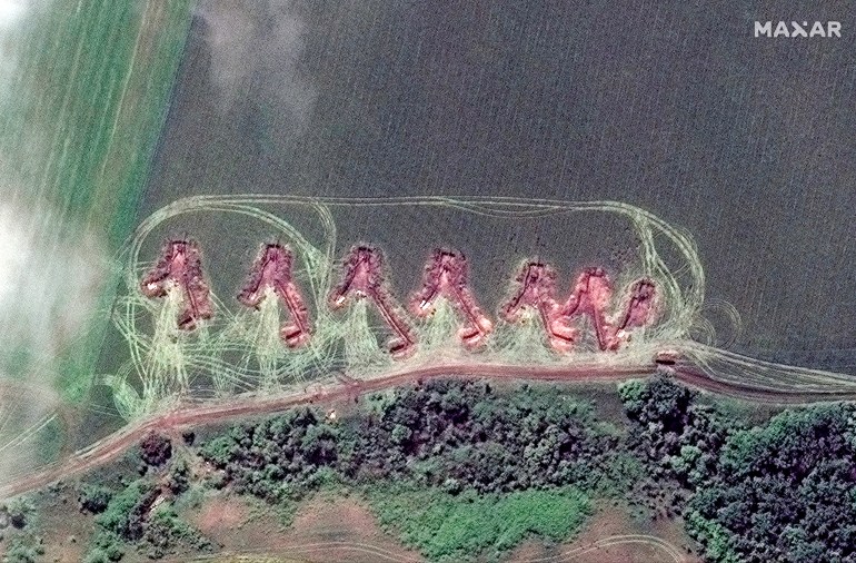 satellite image provided by Maxar Technologies shows towed artillery in firing position deployed in the north of Lyman, Ukraine