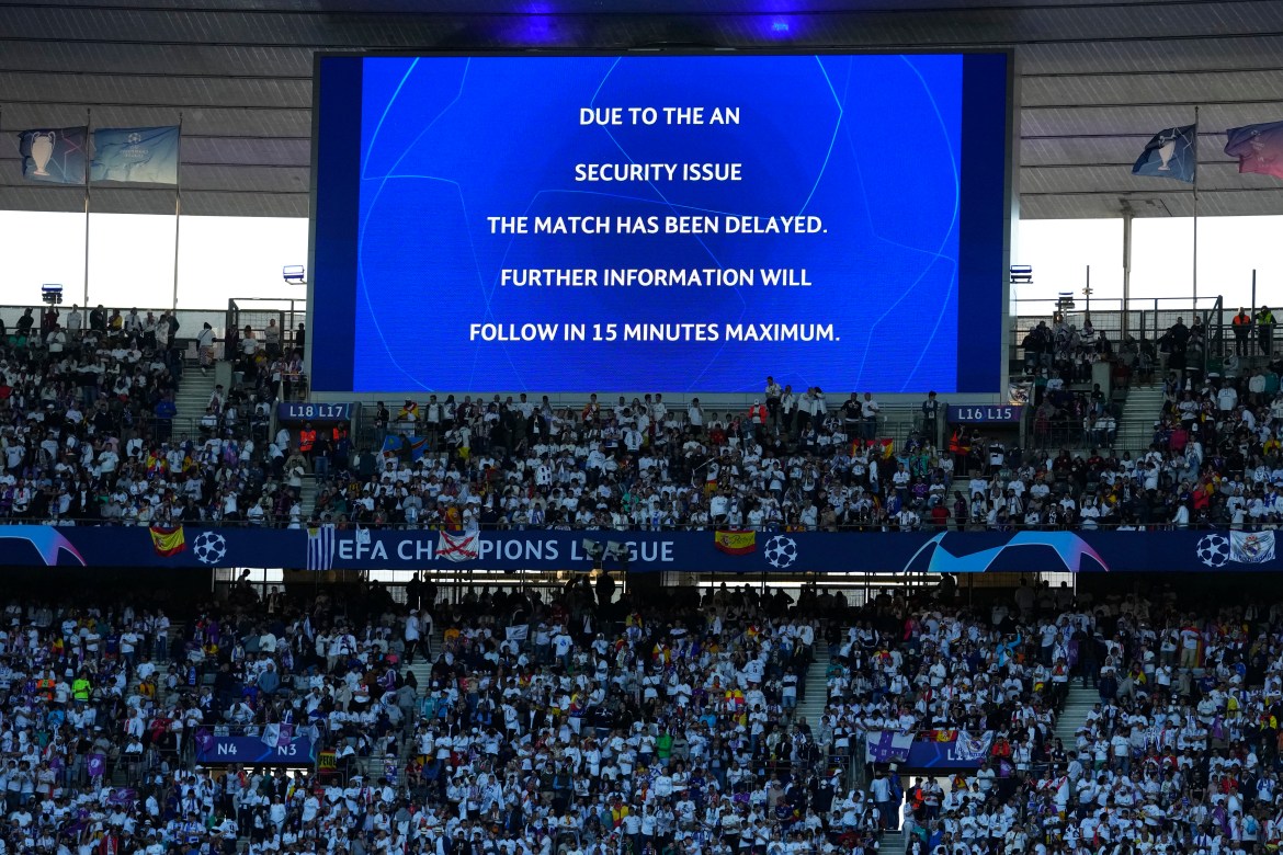 The display announces delay of the Champions League final soccer match between Liverpool and Real Madrid at the Stade de France in Saint Denis near Paris