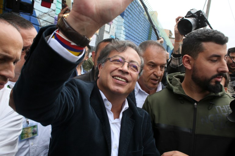 Gustavo Petro, presidential candidate of the Pacto Histórico coalition, leaves a polling station after voting during the presidential elections in Bogotá