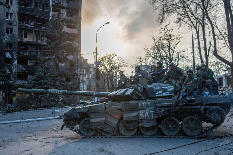A Russian tank is seen in Mariupol