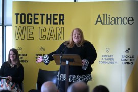 Alliance party leader Naomi Long speaks during the Alliance party manifesto launch in Belfast