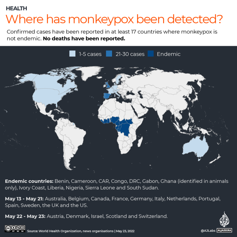 INTERACTIEF - Kaart waar tot nu toe apenpokken is gedetecteerd