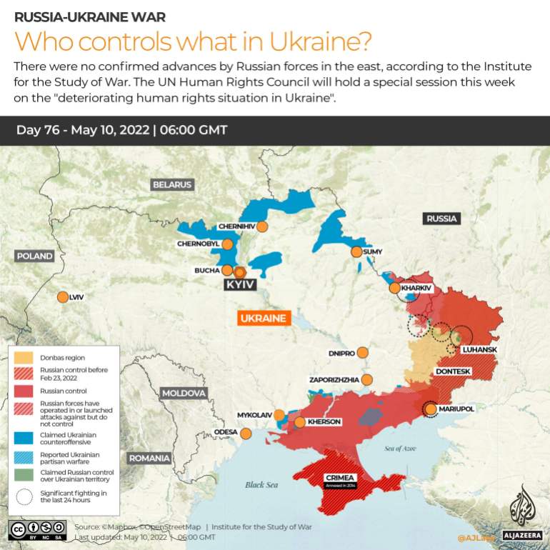 INTERACTIVE_UKRAINE_CONTROL MAPA DAY76_May 10_INTERACTIVE Rusko Ukrajina vojna Kto ovláda čo 76. deň