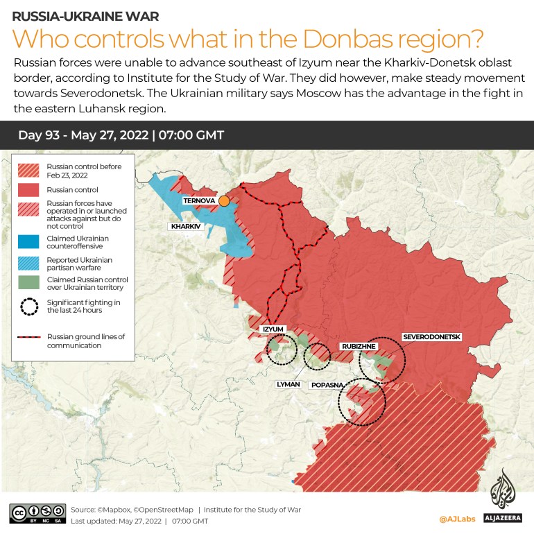 INTERACTIVE_UKRAINE_CONTROL MAP DAY93_May27_INTERACTIVE Rusia-Ucrania mapa Quién controla qué en Donbass DÍA 93