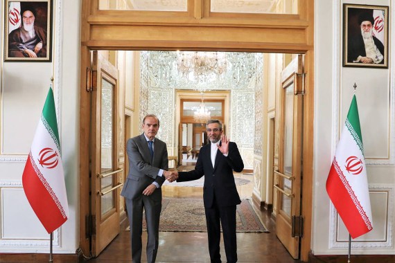 Iran's Deputy Foreign Minister Ali Bagheri Kani meets with European envoy Enrique Mora, in Tehran, Iran.