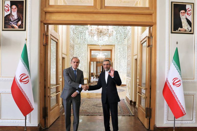 Iran's Deputy Foreign Minister Ali Bagheri Kani meets with European envoy Enrique Mora, in Tehran, Iran.