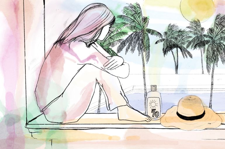 illustration of a woman looking out a window onto a pool and palms