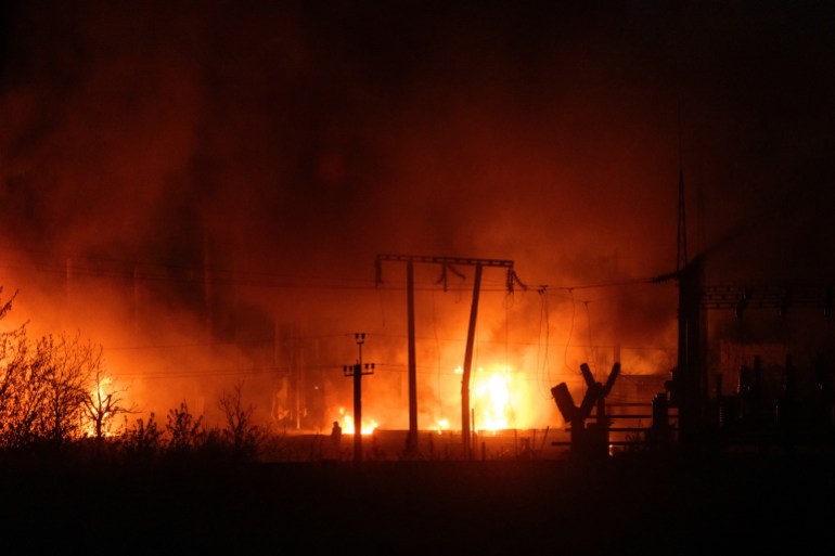 Power substation burns after a missile strike in Lviv