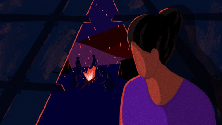 Illustration of a woman looking from under a tarpaulin to a man sitting around a campfire