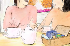 A drawing of two women having tea