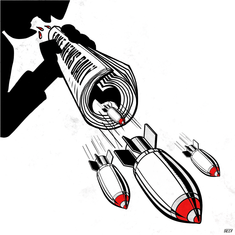 Illustration showing bombs and a newspaper that says fake news