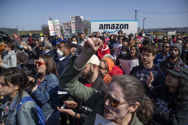Demonstrators during an Amazon Labor Union rally in the Staten Island borough of New York