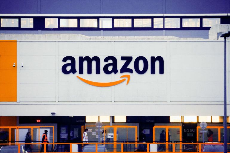 The logo of Amazon is seen