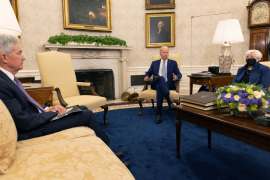 US President Joe Biden meets with Federal Reserve Chair Jerome Powell and U.S. Treasury Secretary Janet Yellen to talk about the economy in the Oval Office at the White House in Washington, D.C., US