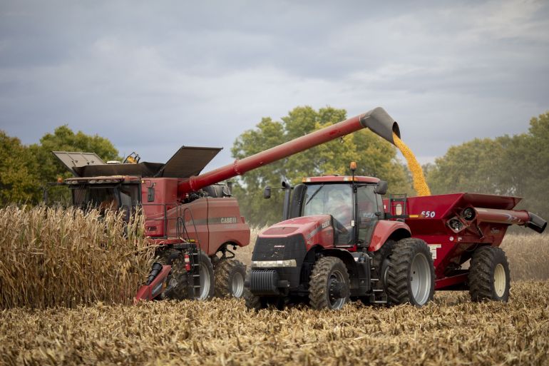 Corn is loaded into a grain cart during a harvest in Princeton, Illinois, US