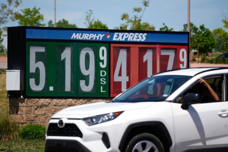 Gasoline prices are displayed outside a convenience store in the US