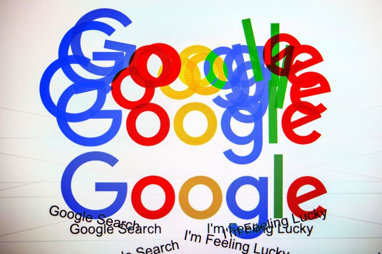 The Google logo on the company's homepage, arranged on a desktop computer.