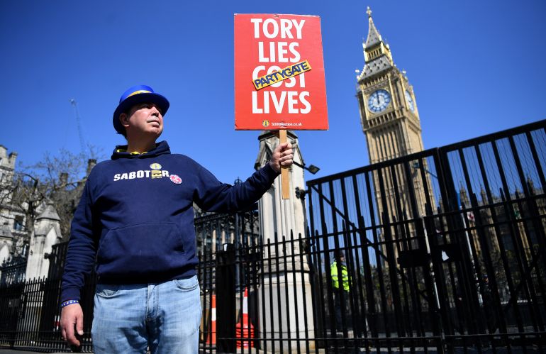 Anti government campaigner Steve Bray protests against 'partygate' outside Parliament in London, Britain