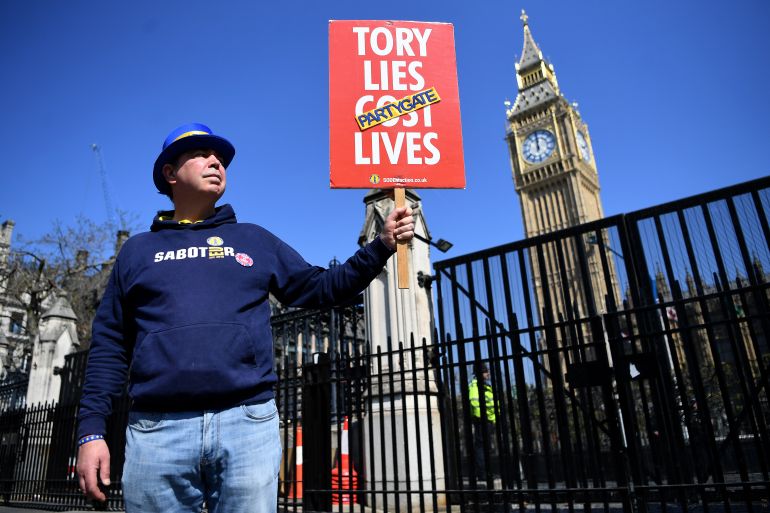 Anti government campaigner Steve Bray protests against 'partygate' outside Parliament in London, Britain