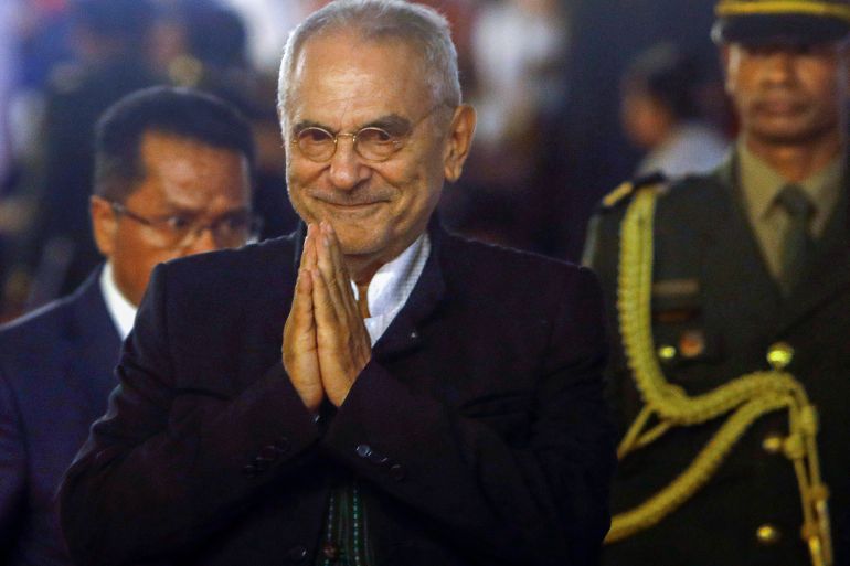 Timor Leste's President Jose Ramos Horta puts his hands together to acknowledge the crowd at his inauguration