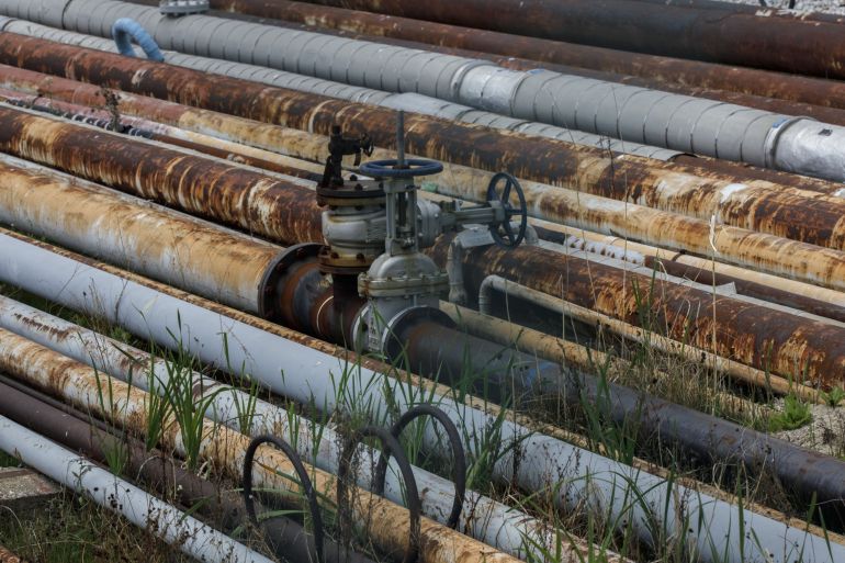 Pipes lead to an Imperial Oil Ltd. refinery near the Enbridge Line 5 pipeline in Sarnia, Ontario, Canada