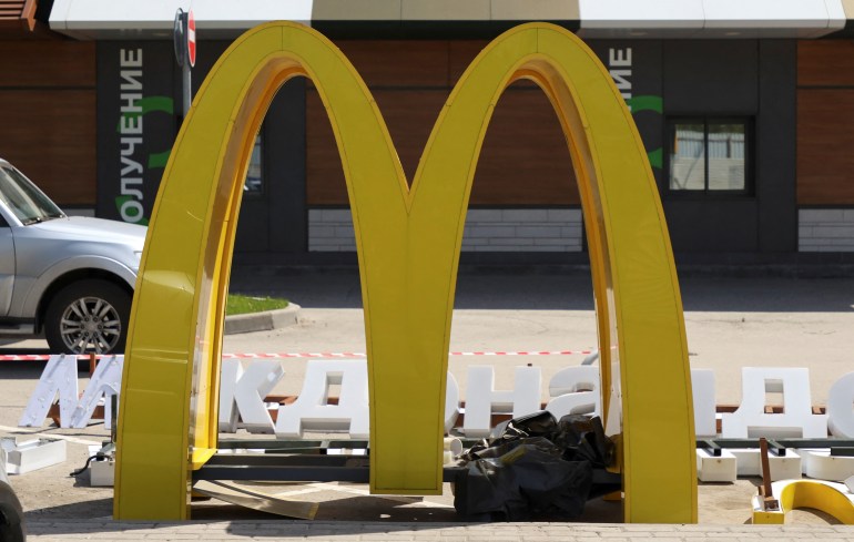 A view shows the dismantled McDonald's Golden Arches after the logo signage was removed from a drive-through restaurant of McDonald's in Khimki outside Moscow, Russia May 23, 2022