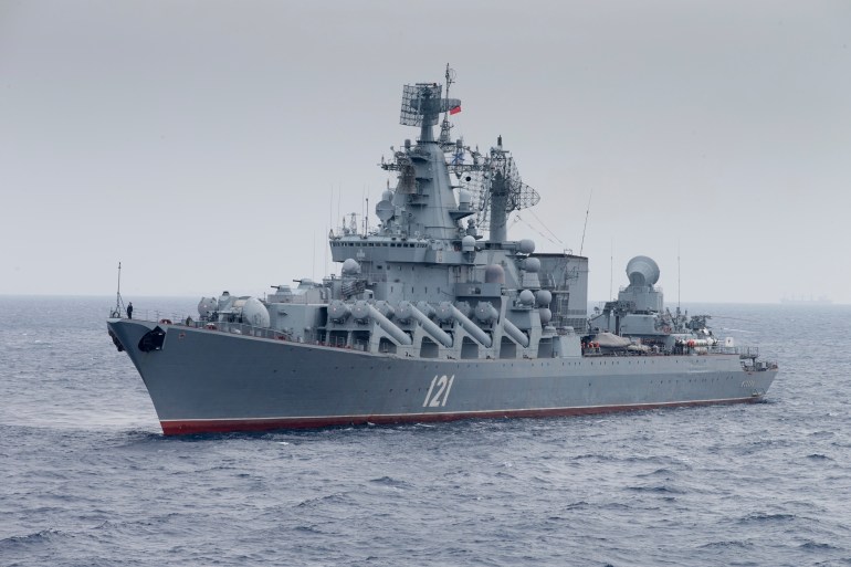 Russian missile cruiser Moskva on patrol in the Mediterranean Sea near the Syrian coast.