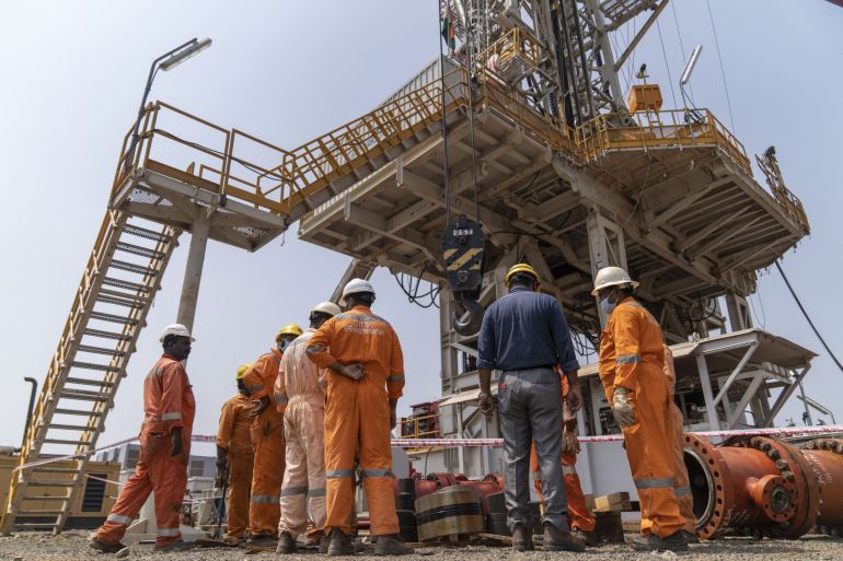 A land drilling oil rig, manufactured by Megha Engineering and Infrastructures Ltd. (MEIL) and operated by Oil and Natural Gas Corp., during a media tour in Bhimavaram, Andhra Pradesh, India