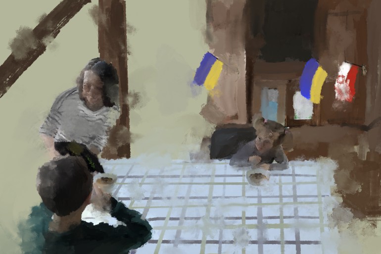 An illustration of three people sitting at a table, two of them children and two Ukrainian flags in the background.