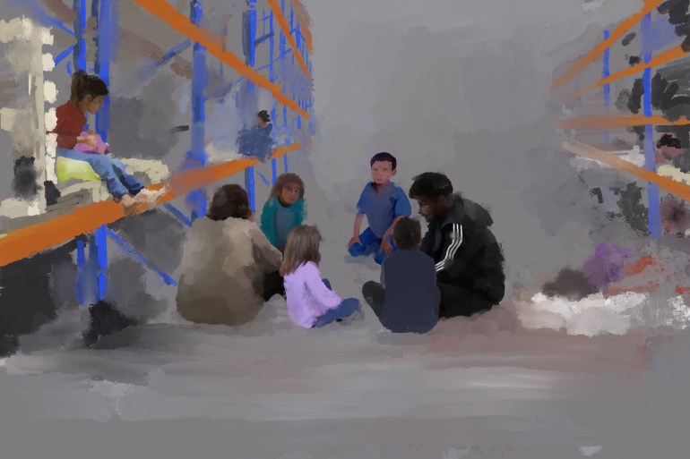 An illustration of people, both children and adults, sitting in a circle on the floor with a wall of cubbies with children sitting in them on both sides of the image..