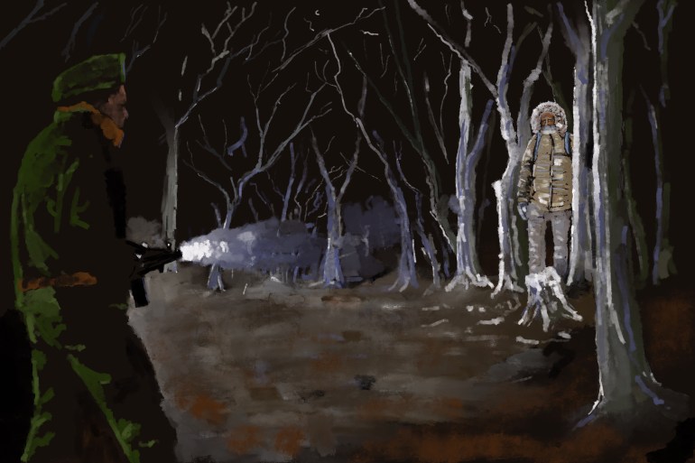 An illustration of a forest at night with a guard looking through it with a flashlight and a person wearing a winter coat stands between the trees.