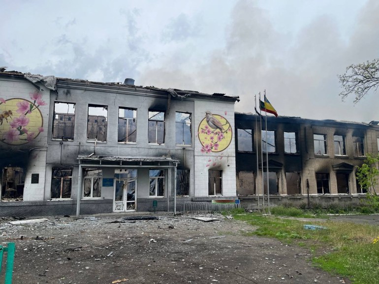 School destroyed amid the ongoing Russian invasion of Ukraine in Avdiivka, Donetsk Region