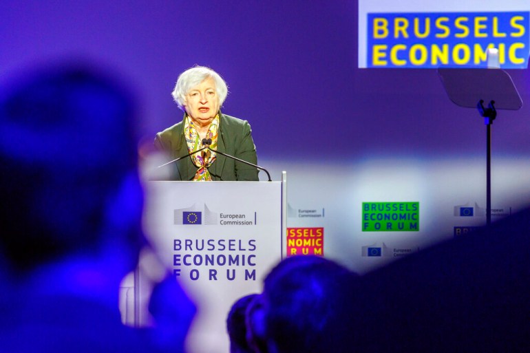 US Treasury Secretary Janet Yellen delivers the Tommaso Padoa Schioppa Lecture at the Brussels Economic Forum 2022 in Brussel