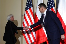 United States Treasury Secretary Janet Yellen, left, also met with Polish Prime Minister Mateusz Morawiecki to discuss tougher sanctions on Russia and strengthening NATO, which Sweden and Finland are now seeking to join [File: Michal Dyjuk/AP Photo]