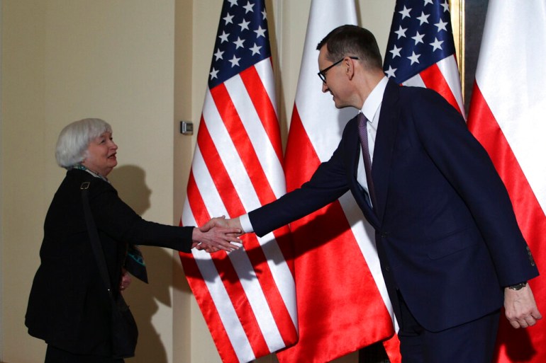 U.S. Treasury Secretary Janet Yellen, left, is greeted by Poland’s Prime Minister Mateusz Morawiecki before their meeting in Warsaw, Poland