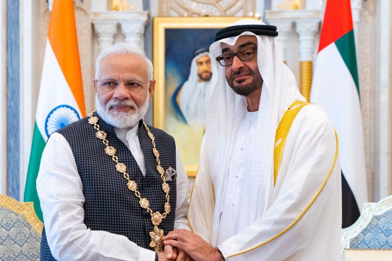 Mohammed bin Zayed Al Nahyan (R), Crown Prince of Abu Dhabi and Deputy Supreme Commander of the UAE Armed Forces, and Indian Prime Minister Narendra Modi meeting in the UAE capital.