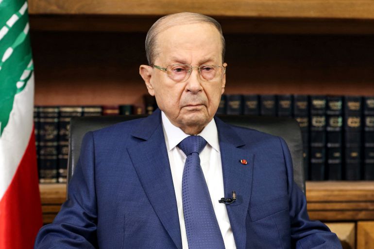 Lebanon's President Michel Aoun giving a televised speech at the presidential palace in Baabda, east of Beirut