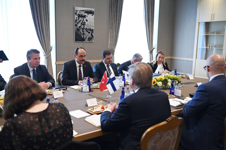 Turkish Presidential spokesperson Ibrahim Kalin and Finnish State Secretary for foreign affairs Jukka Salovaara attending a meeting over Finland's bid to join NATO