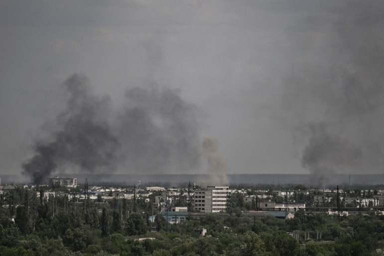 Smoke and dirt rise from the city of Severodonetsk, during shelling in the eastern Ukrainian region of Donbas.