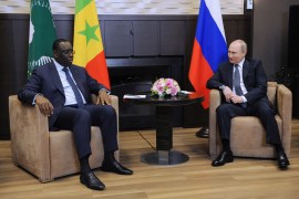 Russian President Vladimir Putin meets with Senegal's President and Chairperson of the African Union (AU) Macky Sall in Sochi on June 3, 2022. (Photo by Mikhail KLIMENTYEV / SPUTNIK / AFP)
